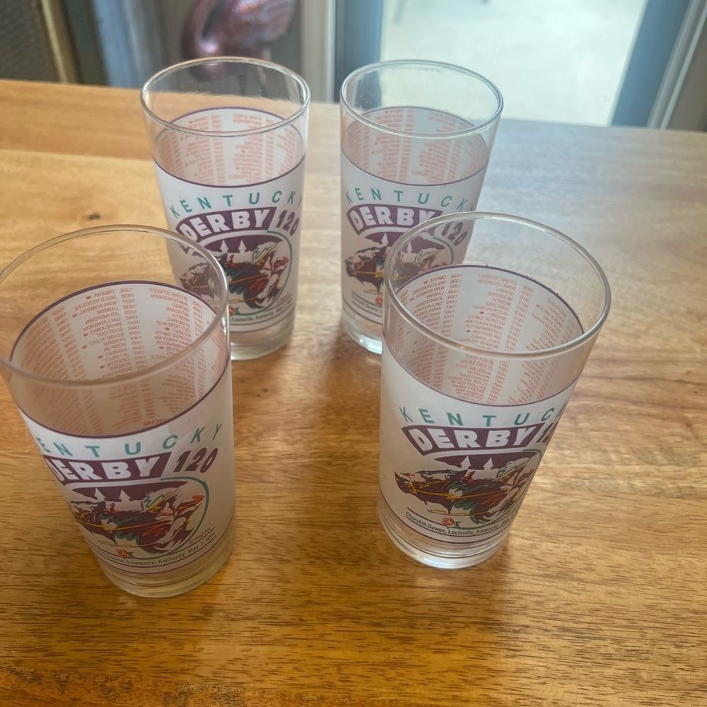 Kentucky Derby 120 frosted vintage Glass Set of 4 bar Mint Julep glasses.